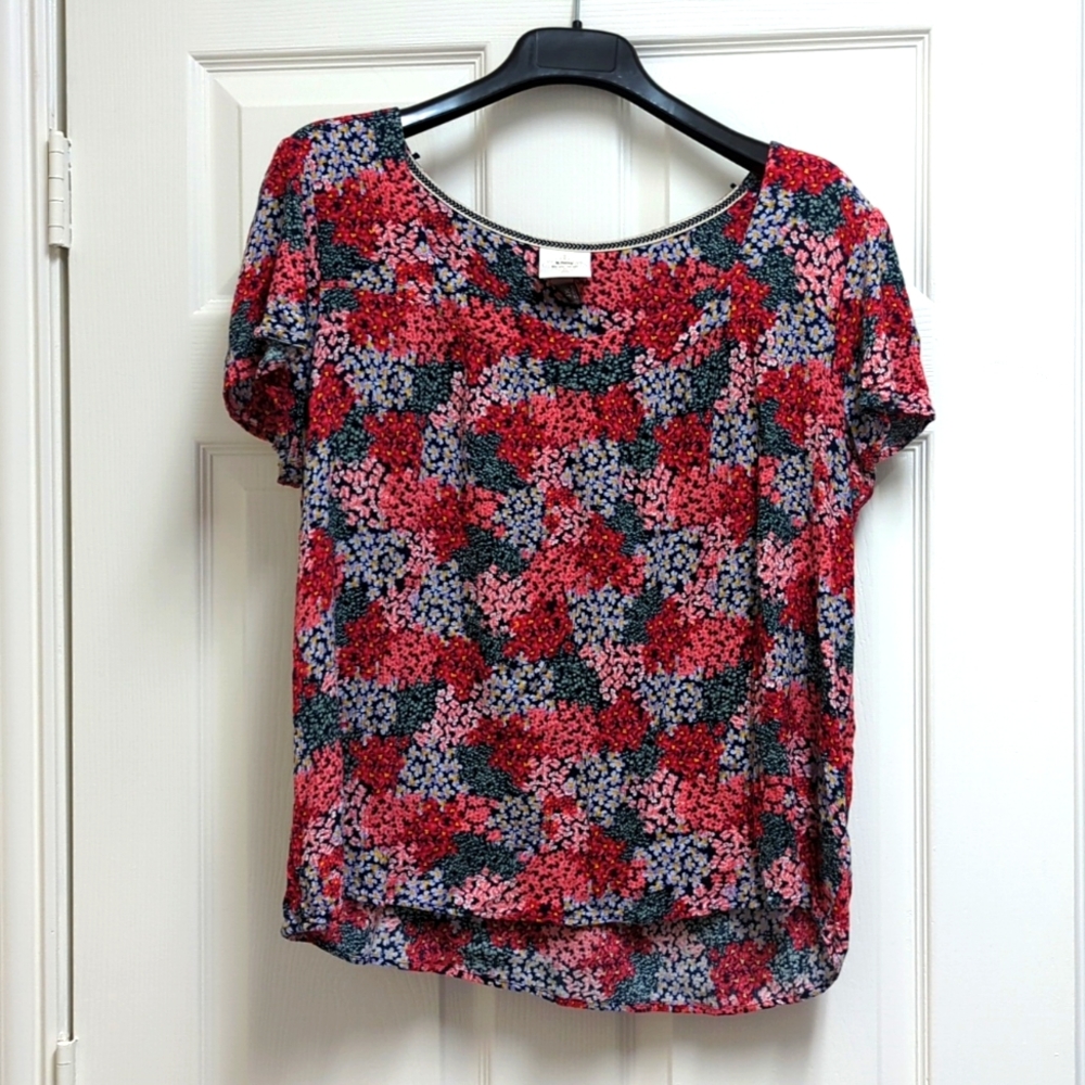 Knox Rose XL Allover Floral Scoop Neck Short Sleeve Blouse Stretch Lightweight